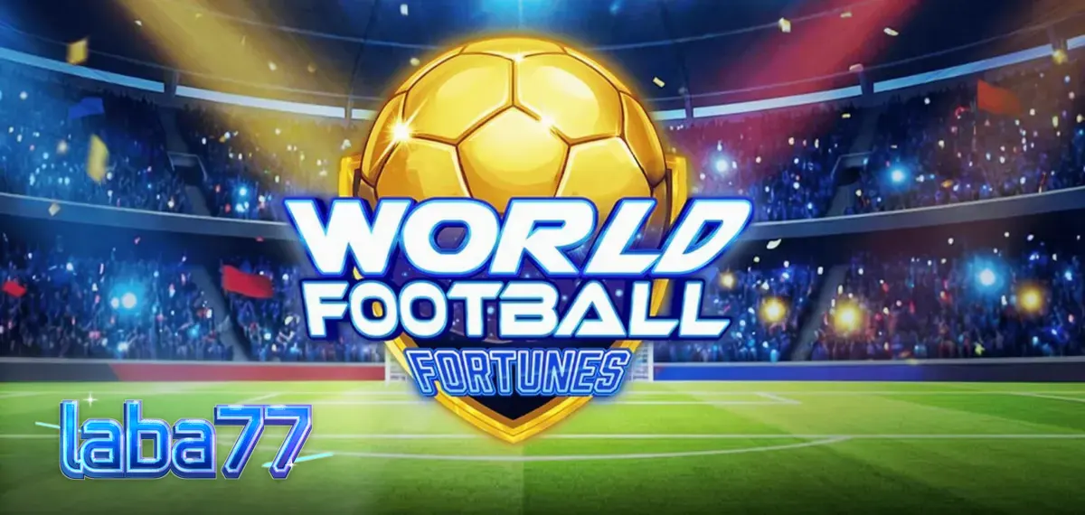 Tampilan layar permainan slot World Football Fortunes dengan latar belakang stadion sepak bola yang megah.